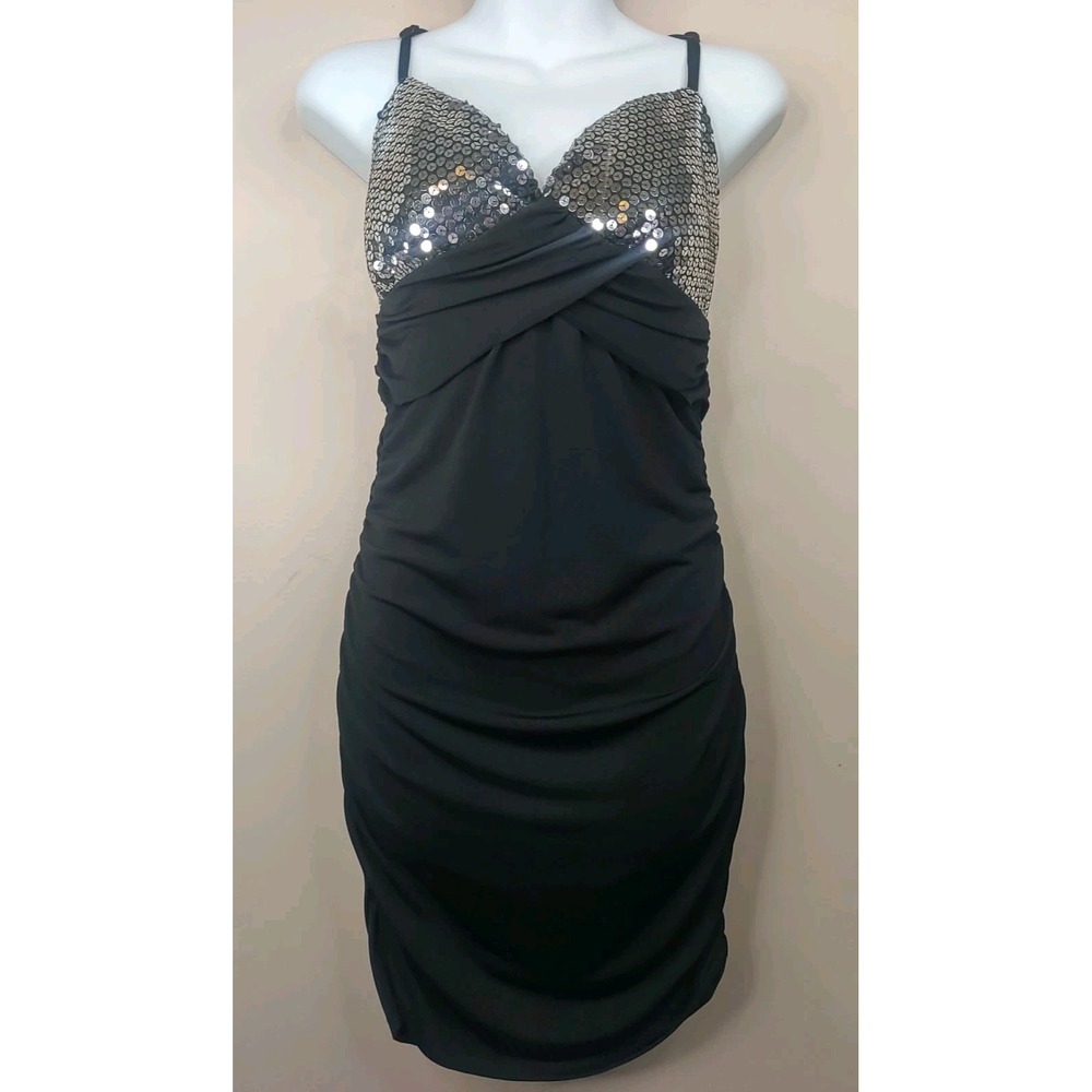 Banana Monkey‎ Women Black Sequin Top Cinched Sides Sexy Dress Size L